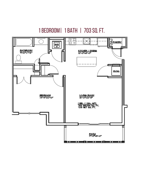 Floor plan for 1 bed, 1 bath, 703 sqft